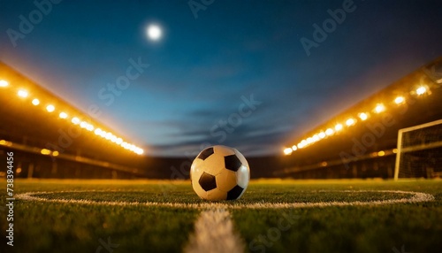 Textured free soccer field in the evening light - center, midfield with the soccer ball