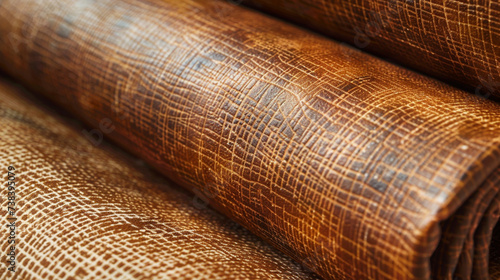 Generative AI. Light linen texture wallpaper with caramel leather