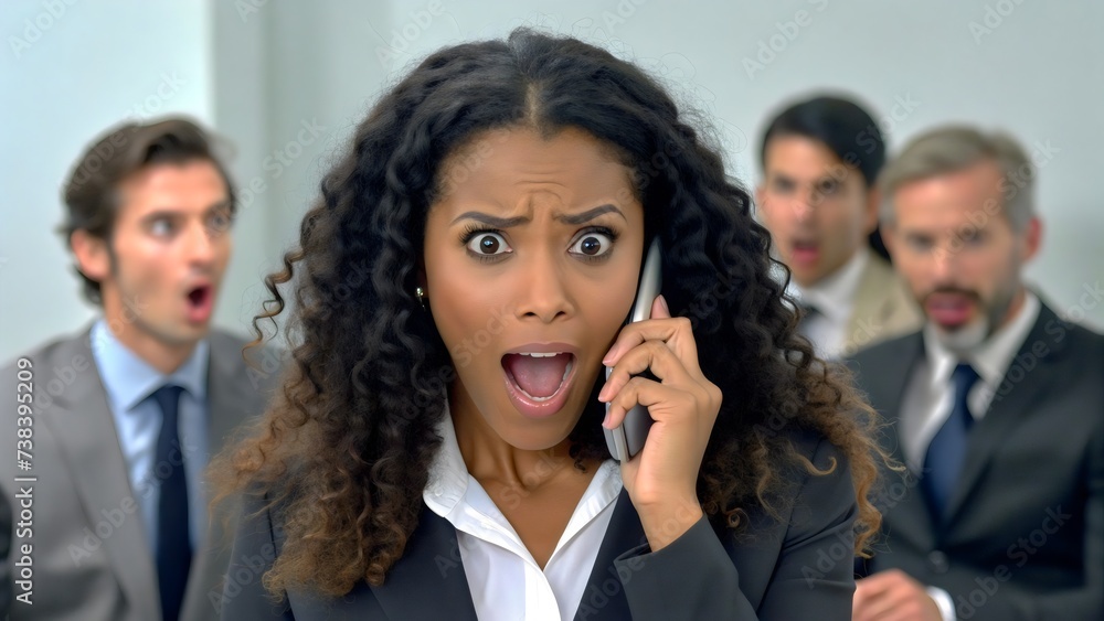 Woman talking on the phone, expression of surprise, fright, office, at work Woman talking on the phone, expression of surprise, fright, office, at work