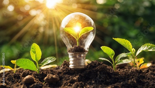 Lightbulb with small plant on soil and sunshine. concept saving energy in nature. Environmental protection concept