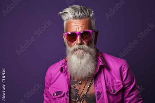 Portrait of a handsome old man with gray beard and mustache wearing pink jacket and sunglasses © Igor