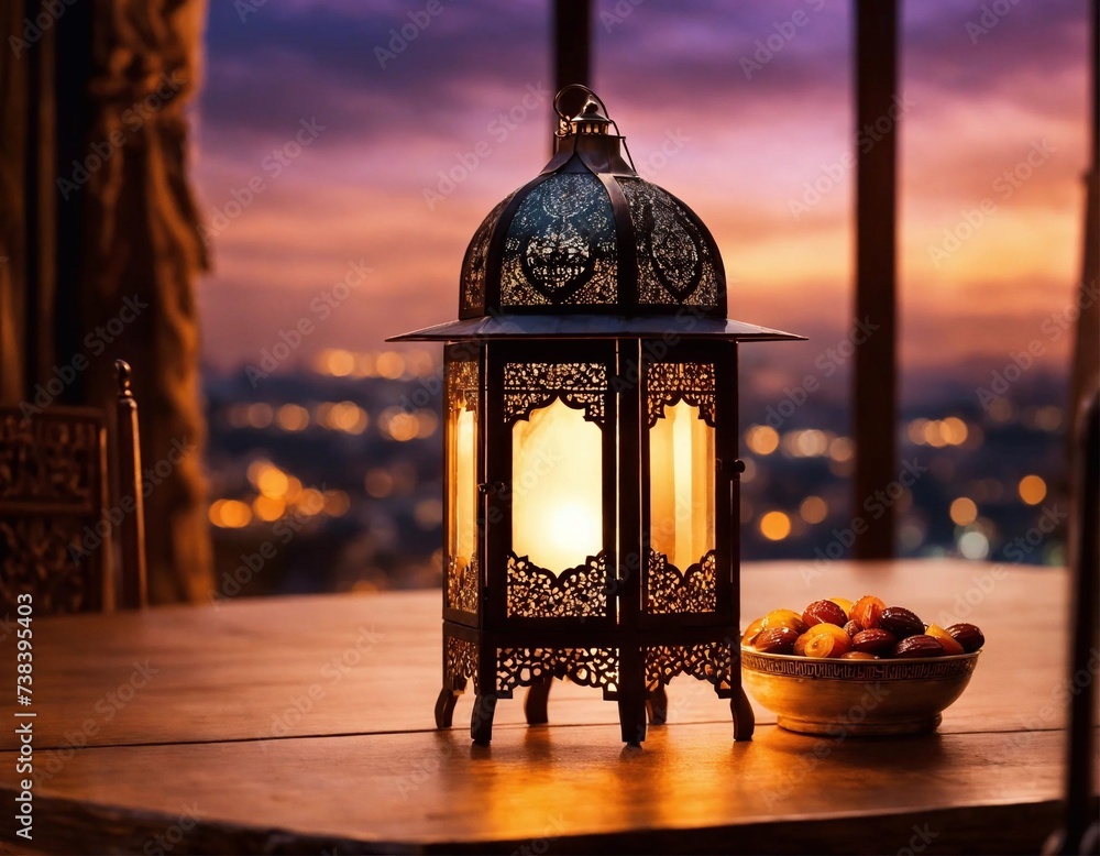 Ramadan Kareem Lantern, Moon In Night, dates Iftar, Blurry Arabic City In Background, Traditional Muslim Concept.