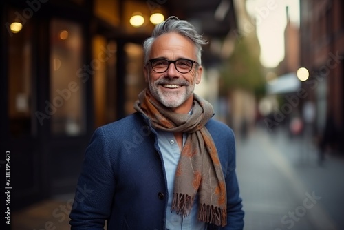 Portrait of a happy senior man with scarf and eyeglasses