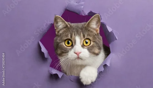 Fototapeta Cute cat looking through hole in purple paper 
