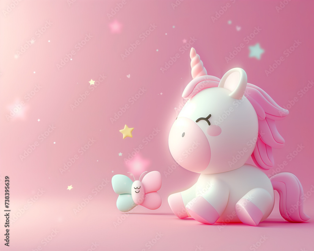 Cute unicorn, pink background, with butterfly and stars Cute unicorn, pink background, with butterfly and stars
