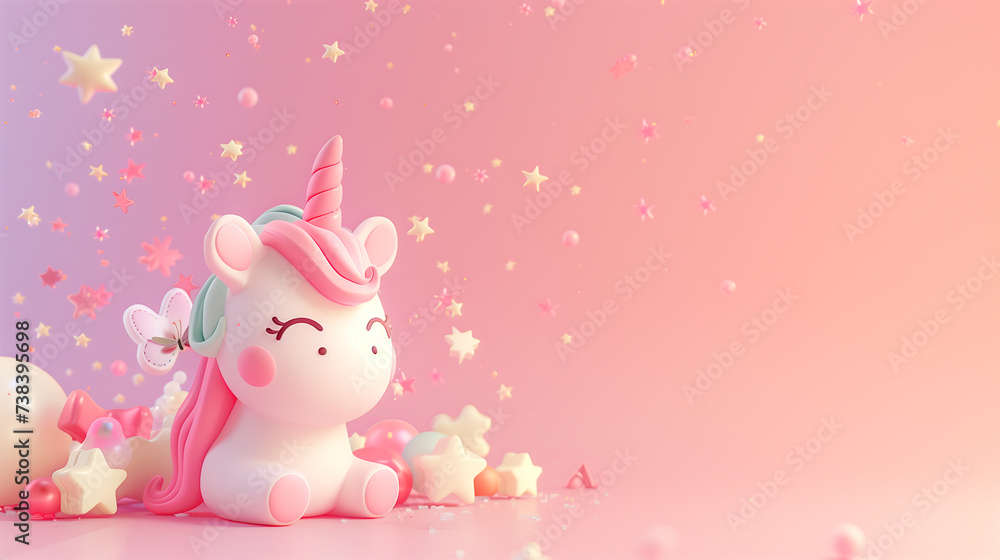 Cute unicorn, pink background, with butterfly and stars