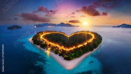 Top wiev exotic island in the shape of a heart. Travel concept blue sky. 