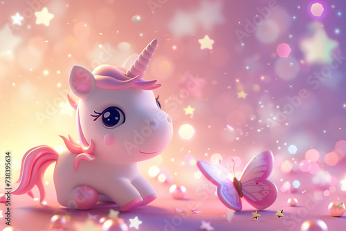 Cute unicorn  pink background  with butterfly and stars