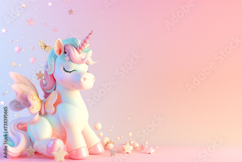 Cute unicorn, pink background, with butterfly and stars