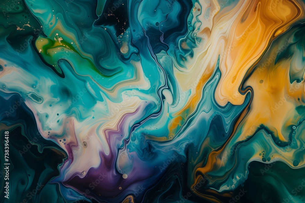 Abstract Fluid Art Painting with Swirling Blue, Green, and Gold Hues for Backgrounds and Design