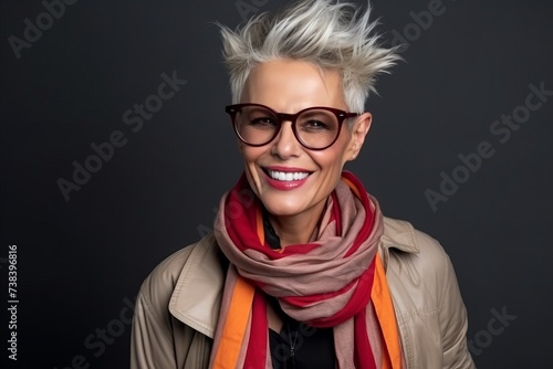 Portrait of a beautiful middle aged woman wearing glasses and a scarf photo