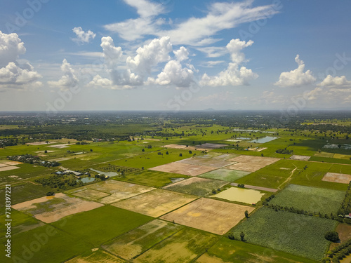 The green agricultural fields of paddy rice are taken in the high angle view by aerial vehicle, drone, Southeast Asia. photo