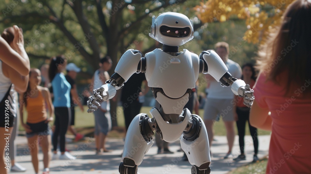 Robot personal trainer, a sleek humanoid robot leading a group of diverse people through an outdoor exercise session, generative AI
