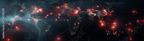 Global Cyber Attack Storm, a dark world map with red lightning bolts striking critical infrastructure, generative AI photo