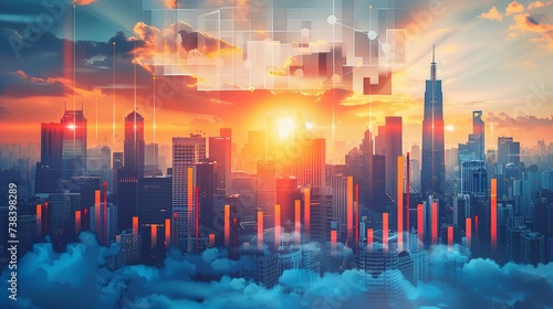 Futuristic Cityscape with Economic Data Overlay at Sunrise