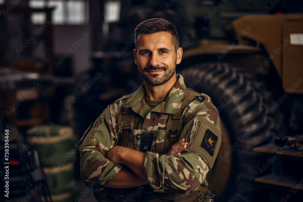 On a military base a confident seasoned soldier stands with arms crossed behind him an armored truck this moment captures the essence of military resilience