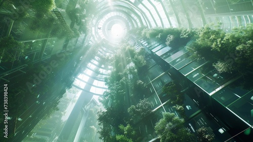 Vertical metropolis within a biodome, Towering skyscrapers covered in lush greenery pierce the glass dome that encloses the entire city, generative AI