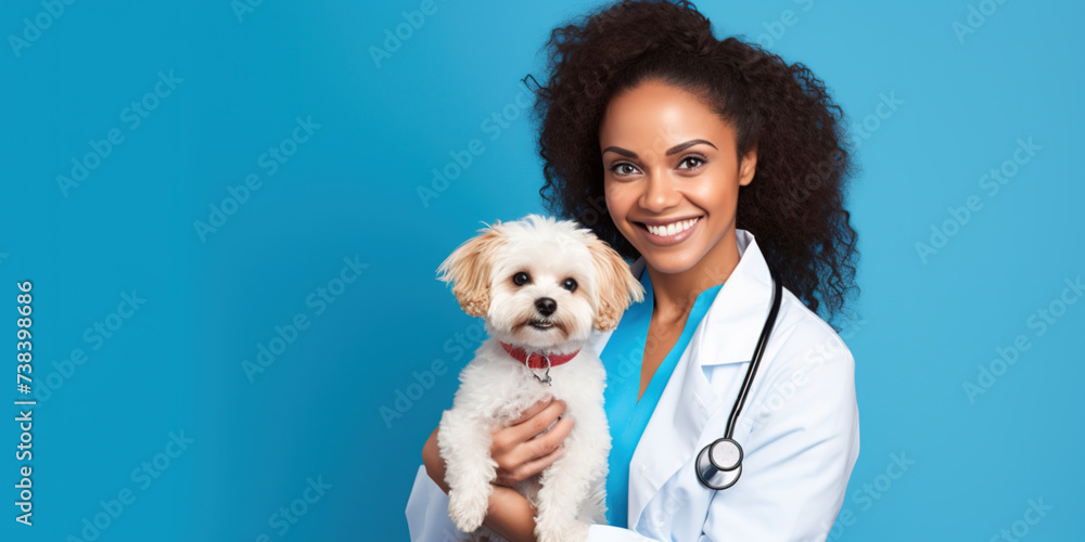A veterinarian in a white coat and stethoscope holds a small, attentive dog, both posing against a cheerful blue background A veterinarian in a white coat and stethoscope holds a small, attentive dog, both posing against a cheerful blue background