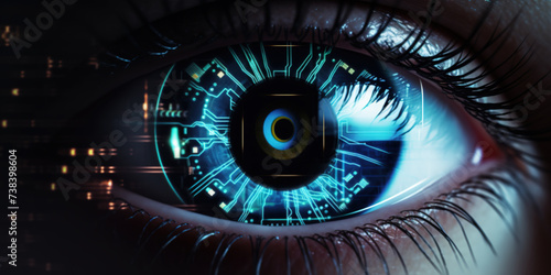 A close-up of a human eye with a futuristic cybernetic implant, glowing with digital overlays and neon lights, evoking a sense of advanced technology and surveillance
