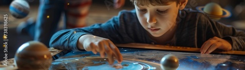 Augmented learning at home, children learning about the solar system by pointing their tablet at a printed image of the planets, generative AI photo