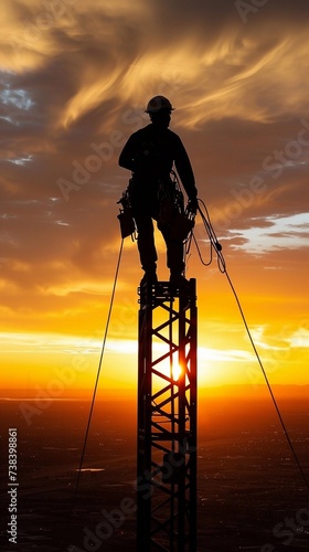 Heroic Silhouette, A construction worker silhouetted against a dramatic sunset, standing atop a completed skyscraper framework, generative AI © Hifzhan Graphics