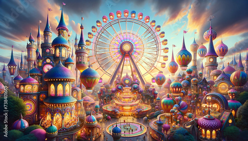 Enchanting Twilight at a Fantastical Amusement Park with Illuminated Rides