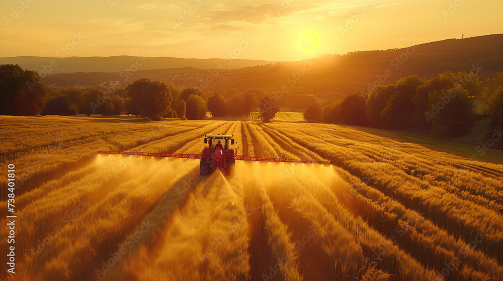 Obraz premium Early morning farming activity captured as a tractor sprays pesticides over a lush crop field with the sunrise in the backdrop..