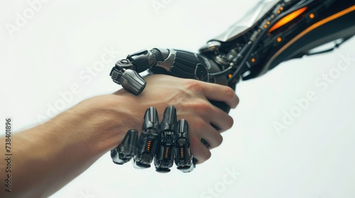 A robot hand shakes a human hand, AI generated Image