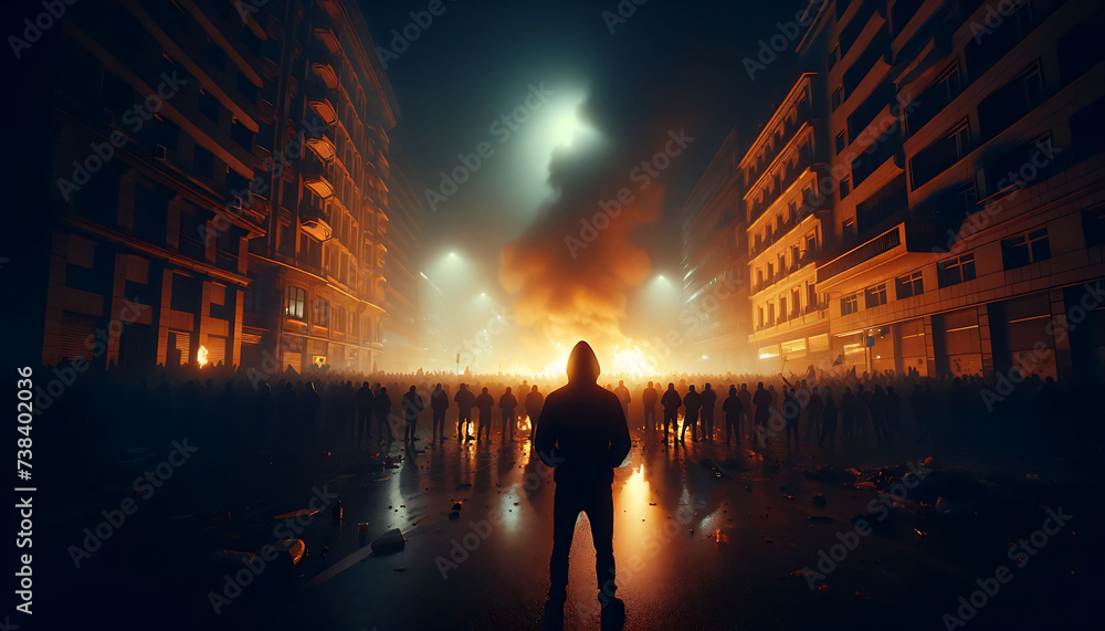 Fototapeta premium Lone Observer at the Forefront of a Fiery Urban Protest at Night