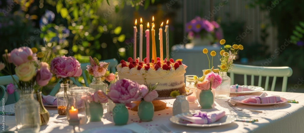 Children's birthday party table set up in the garden, complete with a cake adorned with candles.