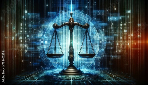 Scales of Law Against Binary Code Background. Cyber Justice Concept