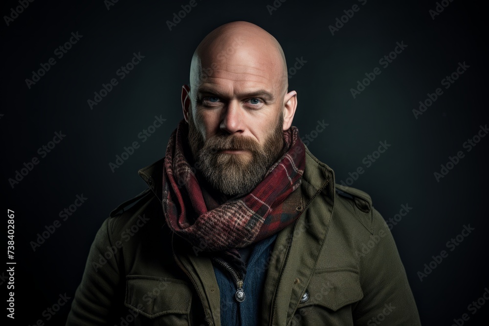 Portrait of a brutal man with a beard and mustache in a jacket and scarf on a dark background. Portrait of a brutal man with a beard and mustache in a jacket and scarf on a dark background.