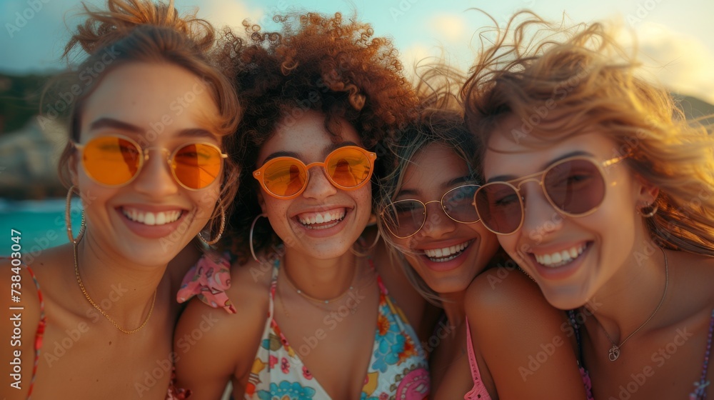 Four lovely young women in swimwear taking a selfie while having fun together at the swimming pool outdoors - obrazy, fototapety, plakaty 