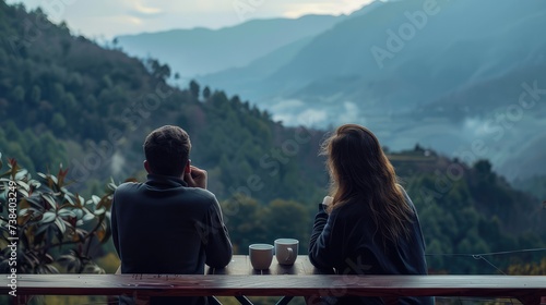 Boy and girl sitting on the balcony enjoying coffee looking at the mountain view  AI generated Image