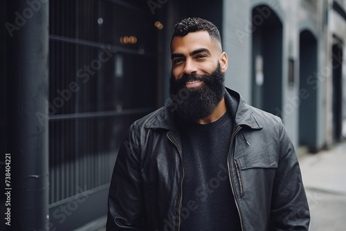 Portrait of a handsome bearded man in a black jacket in the city