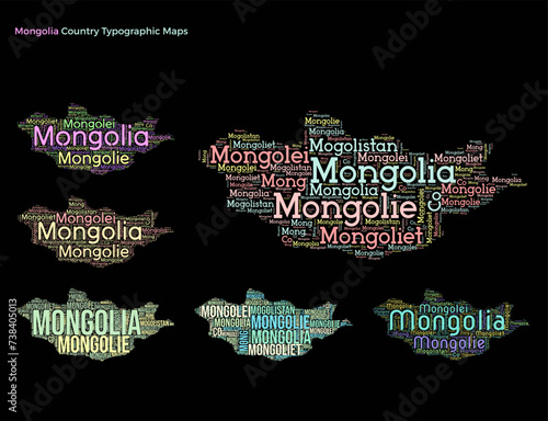 Mongolia. Set of typography style country illustrations. Mongolia map shape build of horizontal and vertical country names. Vector illustration.