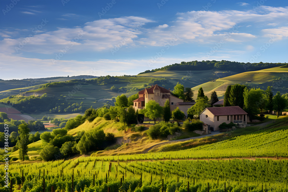 Enchanting Panorama of a Tranquil French Countryside Adorned with Lavender Fields, Vineyards, and Quaint Stone Houses
