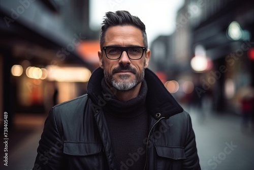 Portrait of a handsome middle-aged man wearing glasses and a black jacket in a city street. © Igor