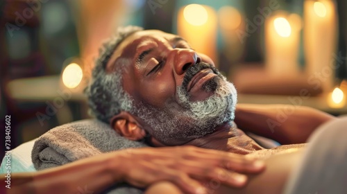 Elderly black man enjoying relaxing lying down with his head massaged by someone, at spa have light candle and aromatic