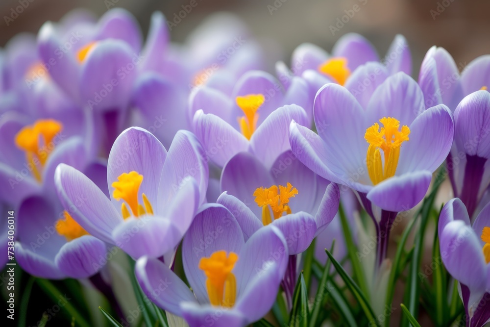 Bright purple crocuses growing on fertile spring soil, symbolizing spring Bright purple crocuses growing on fertile spring soil, symbolizing spring