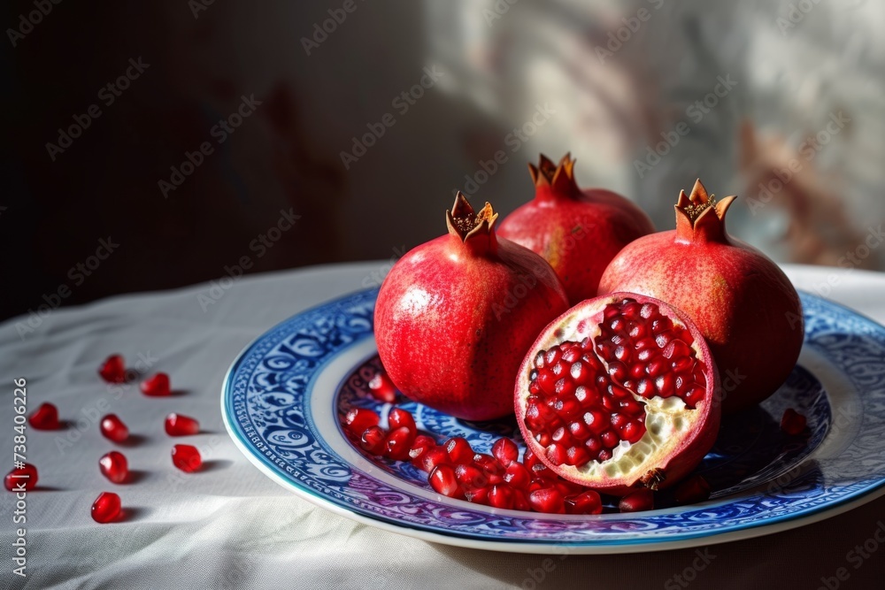 Sliced pomegranate on patterned plate with scattered seeds. Sliced pomegranate on patterned plate with scattered seeds.