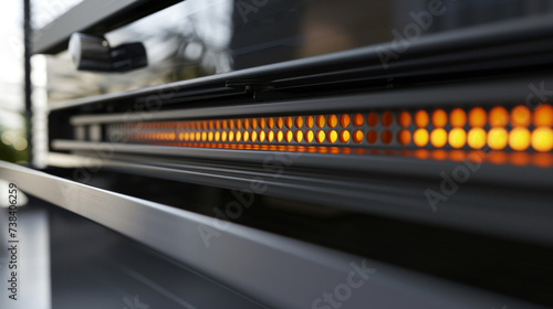 A halfclosed safety grill on a halogen heater protecting the heating element while still allowing warmth to radiate outwards.