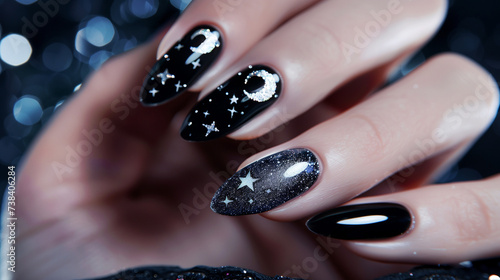 celestial elegance with black nails adorned with white moons and stars