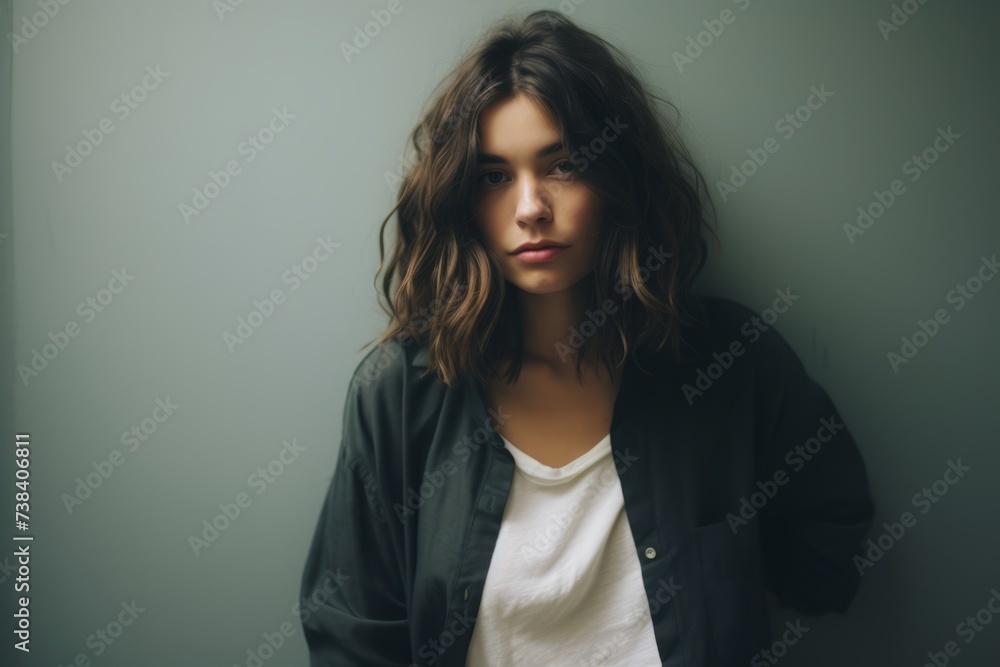 Portrait of a beautiful young woman with long hair in a black jacket