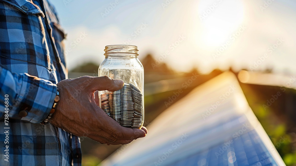 Close-up da mão de um homem com dinheiro em uma jarra de vidro e moedas em painéis solares, simbolizando o investimento em energia sustentável - obrazy, fototapety, plakaty 