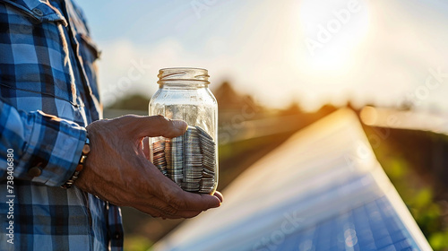 Close-up da mão de um homem com dinheiro em uma jarra de vidro e moedas em painéis solares, simbolizando o investimento em energia sustentável photo