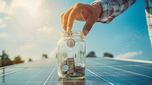 Close-up da mão de um homem com dinheiro em uma jarra de vidro e moedas em painéis solares, simbolizando o investimento em energia sustentável photo