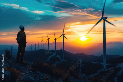 Engineer standing on the hill Windmills lined up and looking at the beautiful sunset landscape