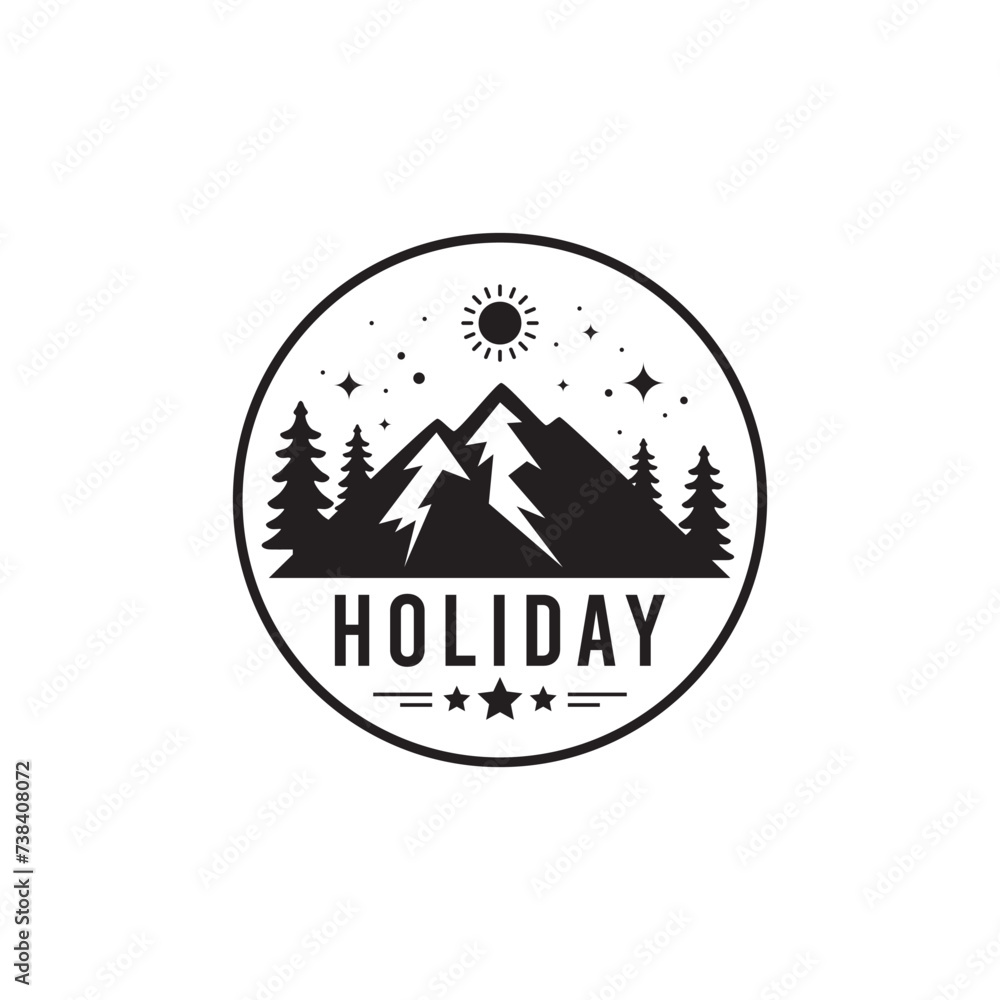 Holiday logo in simple minimalist style, with a mountain silhouette. Vintage logo. Holiday logo in simple minimalist style, with a mountain silhouette. Vintage logo.