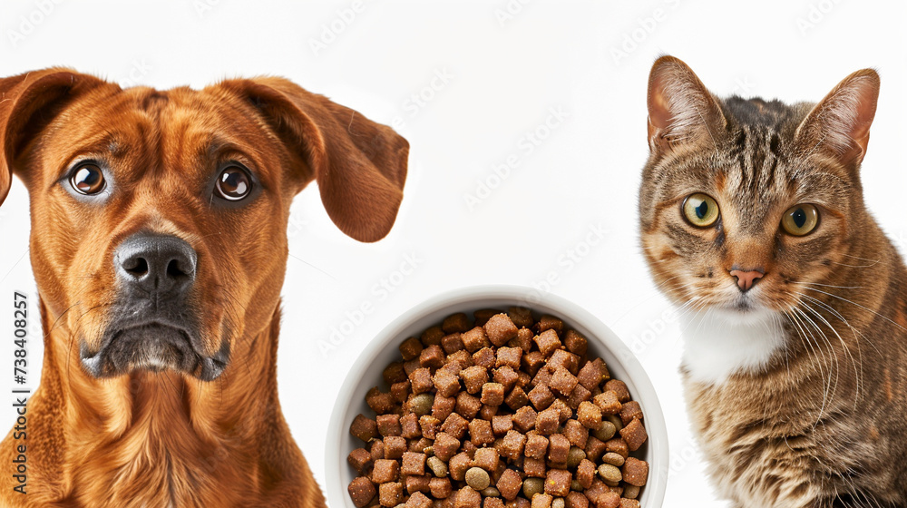 Dog and a cat sitting side by side, eagerly eyeing a bowl filled with delicious food in front of them Dog and a cat sitting side by side, eagerly eyeing a bowl filled with delicious food in front of them